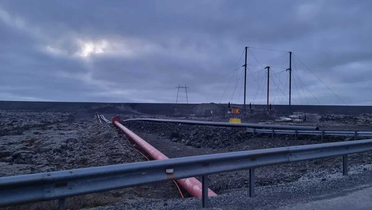 Pipelines and defence walls at the Svartsengi geothermal power station near Fagradalsfjall volcano tours, Iceland